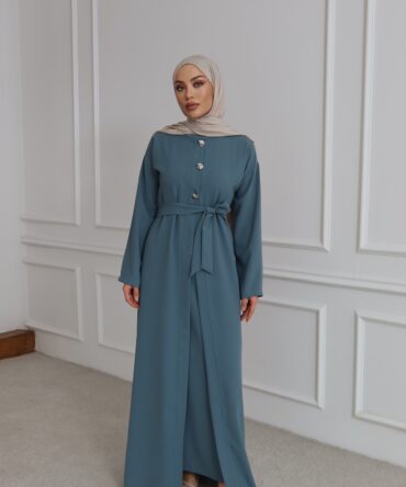 Gold Düğme Detaylı ve Kuşaklı İndigo Abaya
