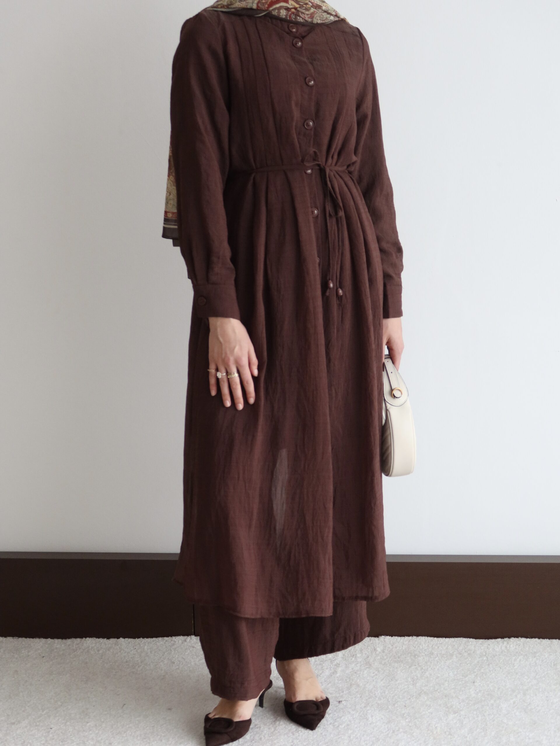 Pili Detaylı ve Kuşaklı Hardal Tunik Pantolon Takım - Görsel 7