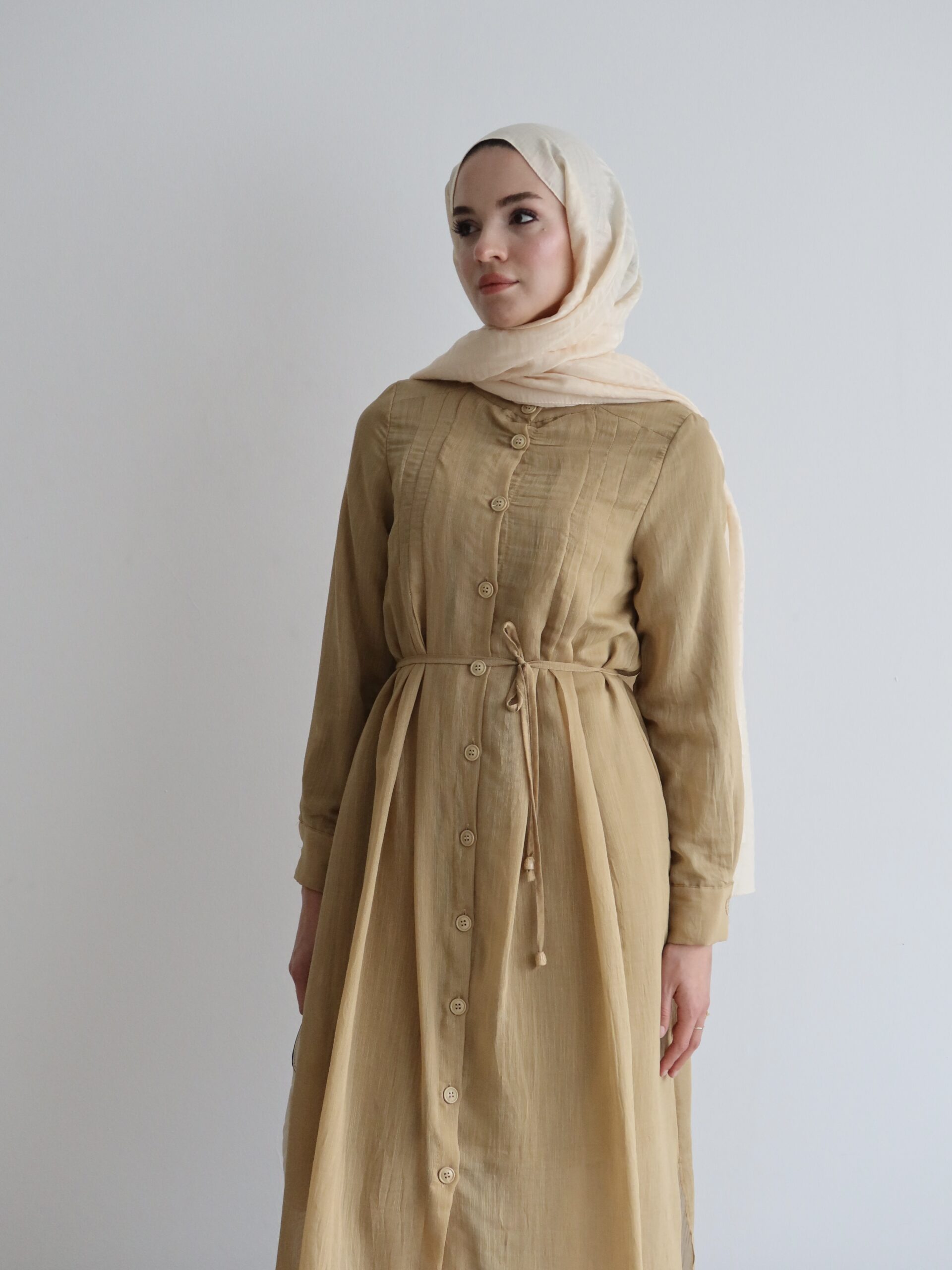 Pili Detaylı ve Kuşaklı Hardal Tunik Pantolon Takım - Görsel 3