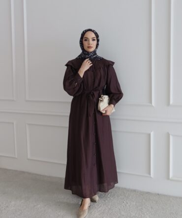 Bebe Yaka Kuşaklı Mürdüm Keten Elbise