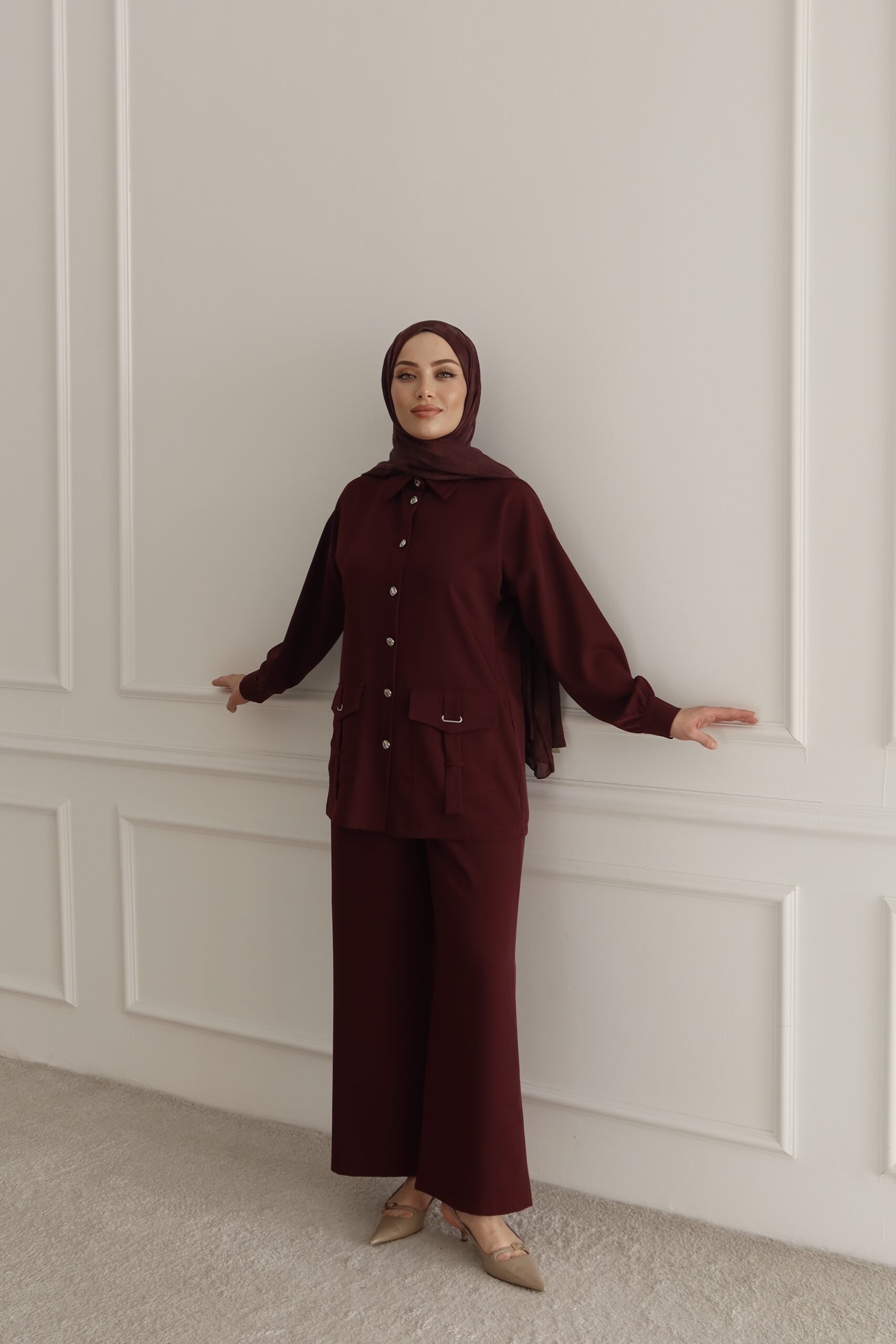 Körük Cep Detaylı ve Metal Tokalı Mürdüm Safari Takım - Görsel 7